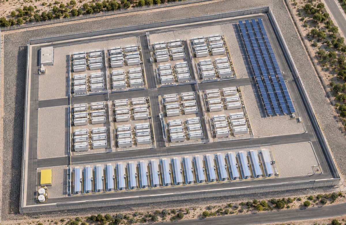 Concept visualization: an aerial view of a fenced campus of pod containers in four blocks, with a row of generator modules along one side and a solar canopy.