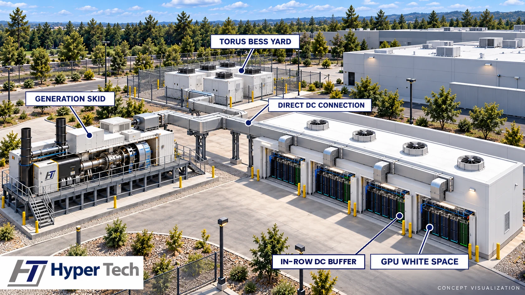 Concept site: a Hyper Tech generation skid feeds the GPU white space over a direct DC connection, with a BESS yard outside and in-row DC buffers at the end of each rack row