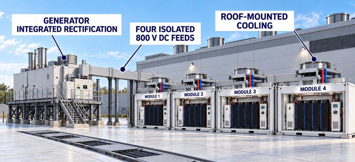 Concept visualization. Four isolated 800 V DC feeds, one to each module, with roof-mounted cooling.