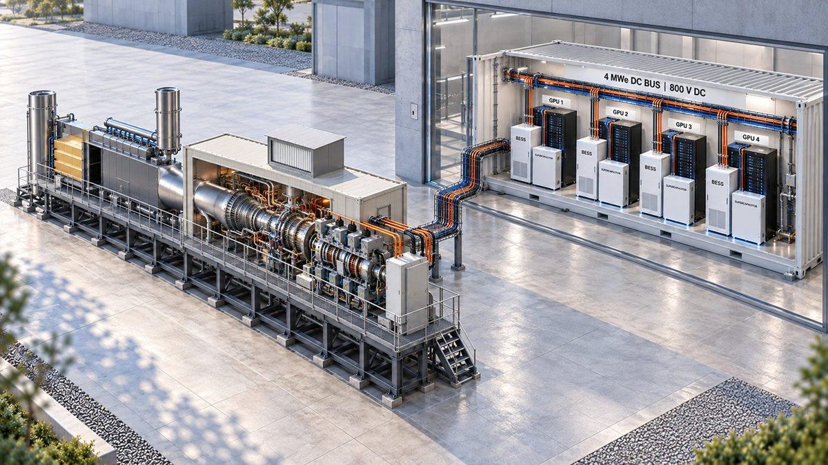 Concept visualization. Each 800 V DC bus feeds GPU racks with battery storage and supercapacitors.