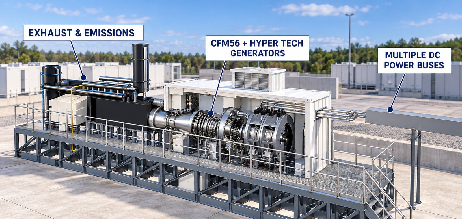 Concept visualization. One unit: exhaust and emissions module, CFM56 core with Hyper Tech generators, and multiple DC power buses.